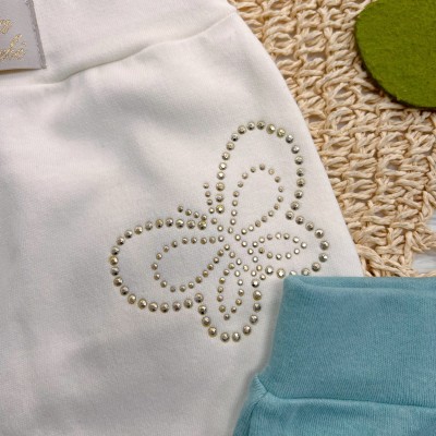 Kit 3 Calças - Borboletas de Strass - Rosa,Off White e Verde